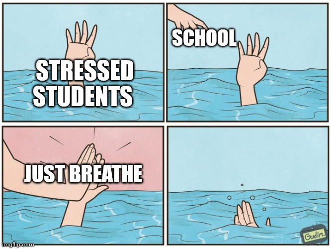 JuSt BrEathe | SCHOOL; STRESSED STUDENTS; JUST BREATHE | image tagged in high five drown,school,middle school,fun,funny memes | made w/ Imgflip meme maker