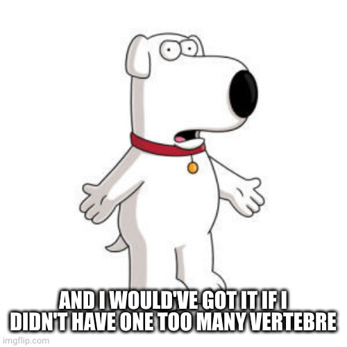 Family Guy Brian Meme | AND I WOULD'VE GOT IT IF I DIDN'T HAVE ONE TOO MANY VERTEBRAE | image tagged in memes,family guy brian | made w/ Imgflip meme maker