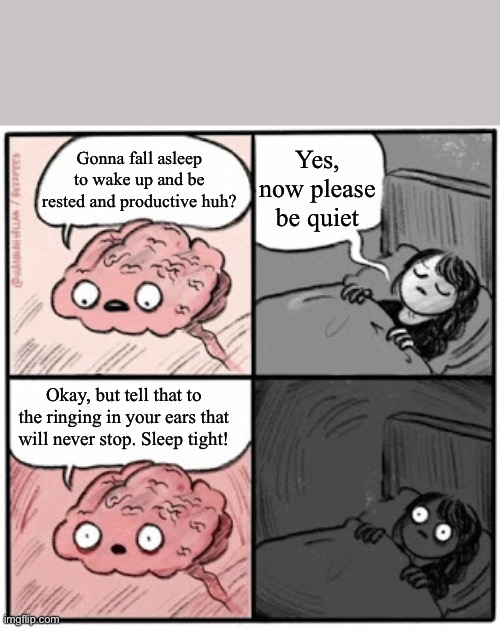 Brain Before Sleep | Yes, now please be quiet; Gonna fall asleep to wake up and be rested and productive huh? Okay, but tell that to the ringing in your ears that will never stop. Sleep tight! | image tagged in brain before sleep,adhdmeme | made w/ Imgflip meme maker