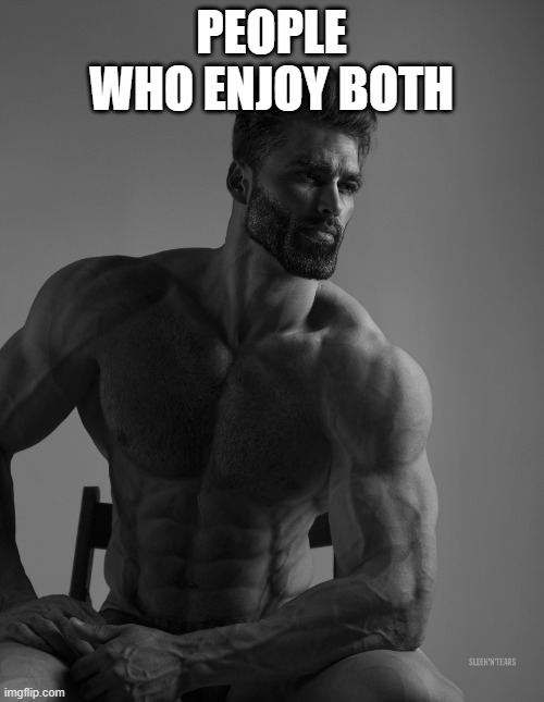 Giga Chad | PEOPLE WHO ENJOY BOTH | image tagged in giga chad | made w/ Imgflip meme maker
