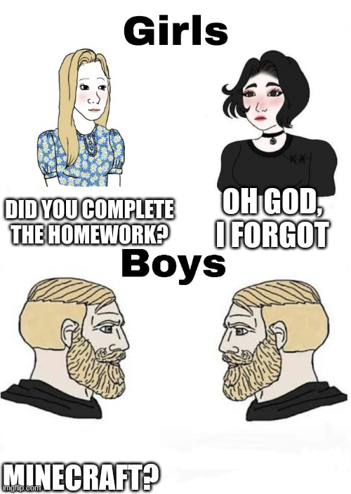 Yes | DID YOU COMPLETE THE HOMEWORK? OH GOD, I FORGOT; MINECRAFT? | image tagged in girls vs boys | made w/ Imgflip meme maker