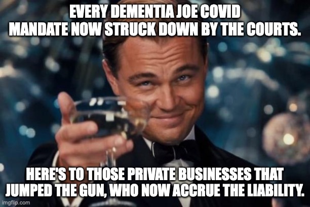 Good luck fending off all the lawsuit, chumps! | EVERY DEMENTIA JOE COVID MANDATE NOW STRUCK DOWN BY THE COURTS. HERE'S TO THOSE PRIVATE BUSINESSES THAT JUMPED THE GUN, WHO NOW ACCRUE THE LIABILITY. | image tagged in dementia joe,biden,kung flu,covid,mandate,2021 | made w/ Imgflip meme maker