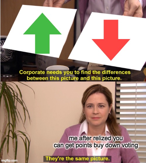 this is where the fun begens | me after relized you can get points buy down voting | image tagged in memes,they're the same picture | made w/ Imgflip meme maker