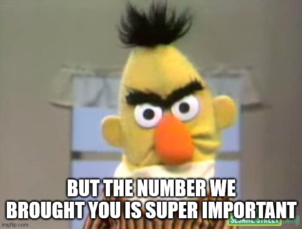 Sesame Street - Angry Bert | BUT THE NUMBER WE BROUGHT YOU IS SUPER IMPORTANT | image tagged in sesame street - angry bert | made w/ Imgflip meme maker