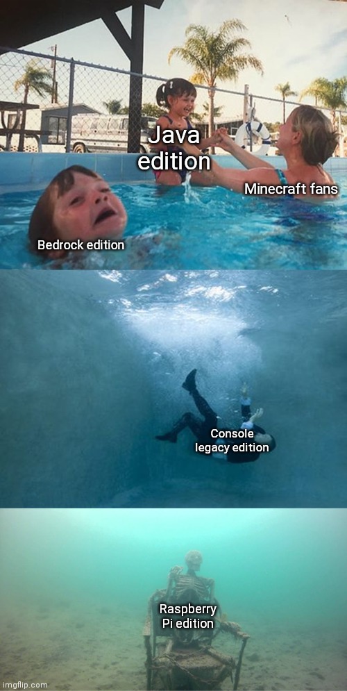 I tried to post this ages ago but just posted the template | Java edition; Minecraft fans; Bedrock edition; Console legacy edition; Raspberry Pi edition | image tagged in mother ignoring kid drowning in a pool extended template | made w/ Imgflip meme maker