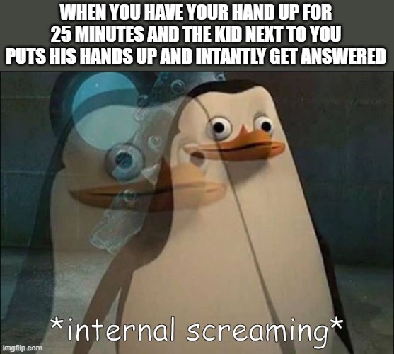 Private Internal Screaming | WHEN YOU HAVE YOUR HAND UP FOR 25 MINUTES AND THE KID NEXT TO YOU PUTS HIS HANDS UP AND INTANTLY GET ANSWERED | image tagged in private internal screaming | made w/ Imgflip meme maker