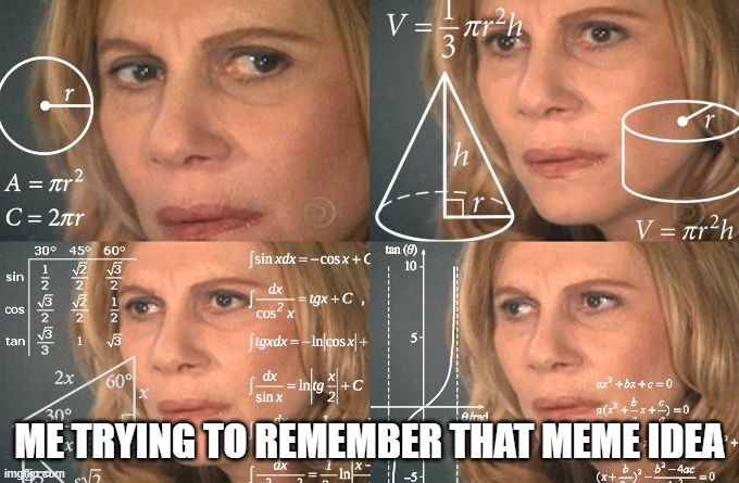 I litteraly just forgot a good one | ME TRYING TO REMEMBER THAT MEME IDEA | image tagged in calculating meme,relatable | made w/ Imgflip meme maker