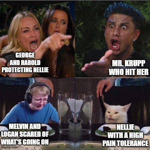 This is from an RP I'm in on Discord | GEORGE AND HAROLD PROTECTING NELLIE; MR. KRUPP WHO HIT HER; MELVIN AND LOGAN SCARED OF WHAT'S GOING ON; NELLIE WITH A HIGH PAIN TOLERANCE | image tagged in everyone arguing,captain underpants,roleplaying | made w/ Imgflip meme maker