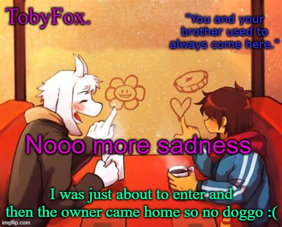 nooooooooooooooooooooooooooooooooooooooooooooooooooooooooooooooooooooooooooooooooooooooooooooooooooooooooooooooooooooooooooooooo | Nooo more sadness; I was just about to enter and then the owner came home so no doggo :( | image tagged in tobyfox template | made w/ Imgflip meme maker