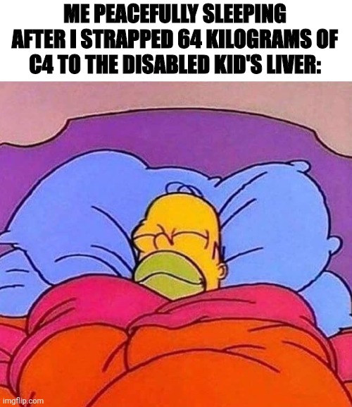 Homer Simpson sleeping peacefully | ME PEACEFULLY SLEEPING AFTER I STRAPPED 64 KILOGRAMS OF C4 TO THE DISABLED KID'S LIVER: | image tagged in homer simpson sleeping peacefully | made w/ Imgflip meme maker