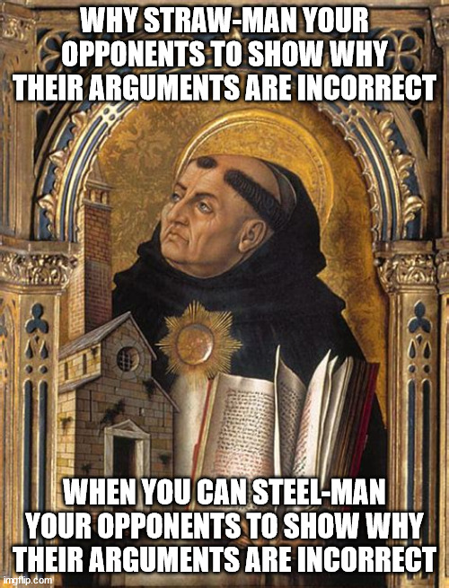 Let's Make Debate Fruitful Again | WHY STRAW-MAN YOUR OPPONENTS TO SHOW WHY THEIR ARGUMENTS ARE INCORRECT; WHEN YOU CAN STEEL-MAN YOUR OPPONENTS TO SHOW WHY THEIR ARGUMENTS ARE INCORRECT | image tagged in catholic church | made w/ Imgflip meme maker