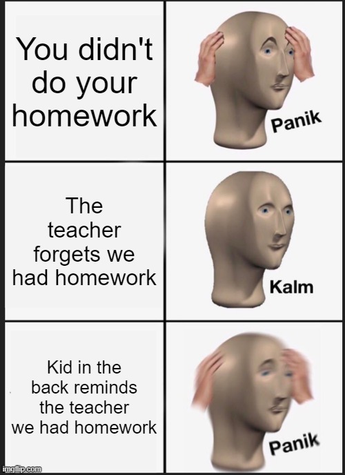 Panik Kalm Panik Meme | You didn't do your homework; The teacher forgets we had homework; Kid in the back reminds the teacher we had homework | image tagged in memes,panik kalm panik | made w/ Imgflip meme maker