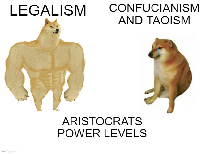 Buff Doge vs. Cheems | CONFUCIANISM AND TAOISM; LEGALISM; ARISTOCRATS POWER LEVELS | image tagged in memes,buff doge vs cheems | made w/ Imgflip meme maker