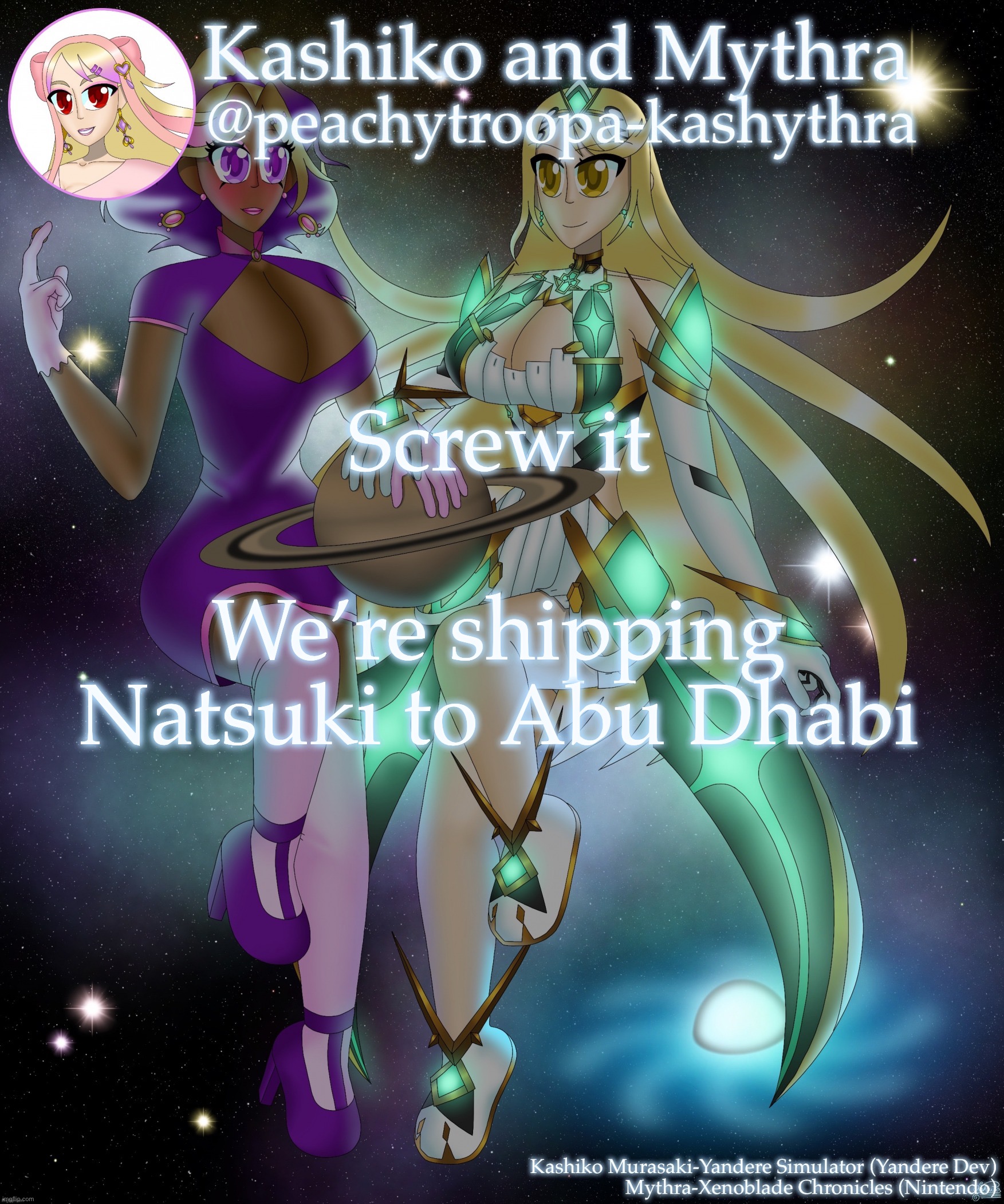 Garfield reference | Screw it; We’re shipping Natsuki to Abu Dhabi | image tagged in kashiko murasaki and mythra | made w/ Imgflip meme maker