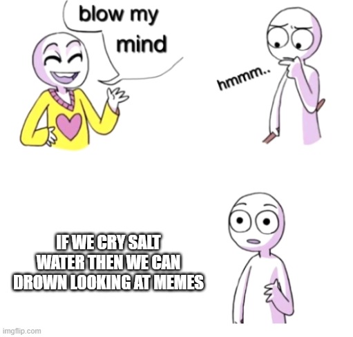 Lol | IF WE CRY SALT WATER THEN WE CAN DROWN LOOKING AT MEMES | image tagged in blow my mind | made w/ Imgflip meme maker