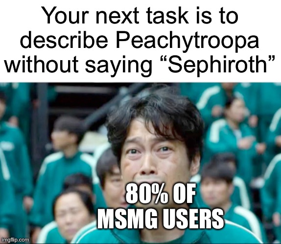 Your next task is to- | Your next task is to describe Peachytroopa without saying “Sephiroth”; 80% OF MSMG USERS | image tagged in your next task is to- | made w/ Imgflip meme maker