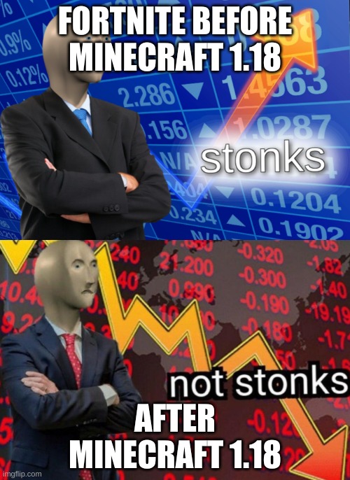 Stunks | FORTNITE BEFORE MINECRAFT 1.18; AFTER MINECRAFT 1.18 | image tagged in stonks not stonks,meme man | made w/ Imgflip meme maker