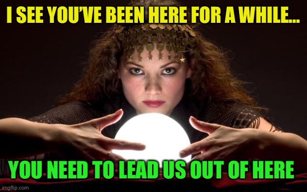 Psychic with Crystal Ball | I SEE YOU’VE BEEN HERE FOR A WHILE… YOU NEED TO LEAD US OUT OF HERE | image tagged in psychic with crystal ball | made w/ Imgflip meme maker