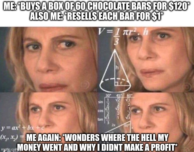 worst business decision of all time? | ME: *BUYS A BOX OF 60 CHOCOLATE BARS FOR $120*
ALSO ME: *RESELLS EACH BAR FOR $1*; ME AGAIN: *WONDERS WHERE THE HELL MY MONEY WENT AND WHY I DIDNT MAKE A PROFIT* | image tagged in math lady/confused lady,profit,money,chocolate,resell | made w/ Imgflip meme maker