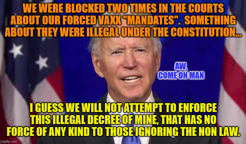 Jab "mandate" killed | WE WERE BLOCKED TWO TIMES IN THE COURTS ABOUT OUR FORCED VAXX "MANDATES".  SOMETHING ABOUT THEY WERE ILLEGAL UNDER THE CONSTITUTION... AW, COME ON MAN; I GUESS WE WILL NOT ATTEMPT TO ENFORCE THIS ILLEGAL DECREE OF MINE, THAT HAS NO FORCE OF ANY KIND TO THOSE IGNORING THE NON LAW. | image tagged in jab mandate killed | made w/ Imgflip meme maker