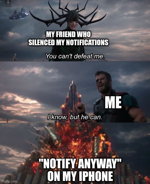 even if they silence my notifications, no one can really silence me | MY FRIEND WHO SILENCED MY NOTIFICATIONS; ME; "NOTIFY ANYWAY" ON MY IPHONE | image tagged in you can't defeat me,iphone,notifications,memes,friends,texting | made w/ Imgflip meme maker