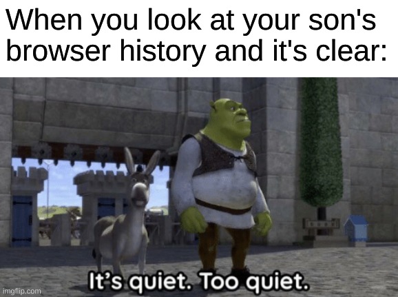 a | When you look at your son's browser history and it's clear: | image tagged in it s quiet too quiet shrek,sussy | made w/ Imgflip meme maker