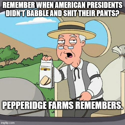 Pepperidge Farm Remembers |  REMEMBER WHEN AMERICAN PRESIDENTS DIDN'T BABBLE AND SHIT THEIR PANTS? PEPPERIDGE FARMS REMEMBERS. | image tagged in memes,pepperidge farm remembers | made w/ Imgflip meme maker