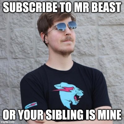 Mr. Beast | SUBSCRIBE TO MR BEAST; OR YOUR SIBLING IS MINE | image tagged in mr beast | made w/ Imgflip meme maker