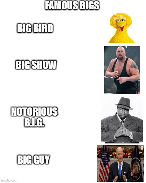Joe Biden | FAMOUS BIGS; BIG BIRD; BIG SHOW; NOTORIOUS B.I.G. BIG GUY | image tagged in joe biden | made w/ Imgflip meme maker