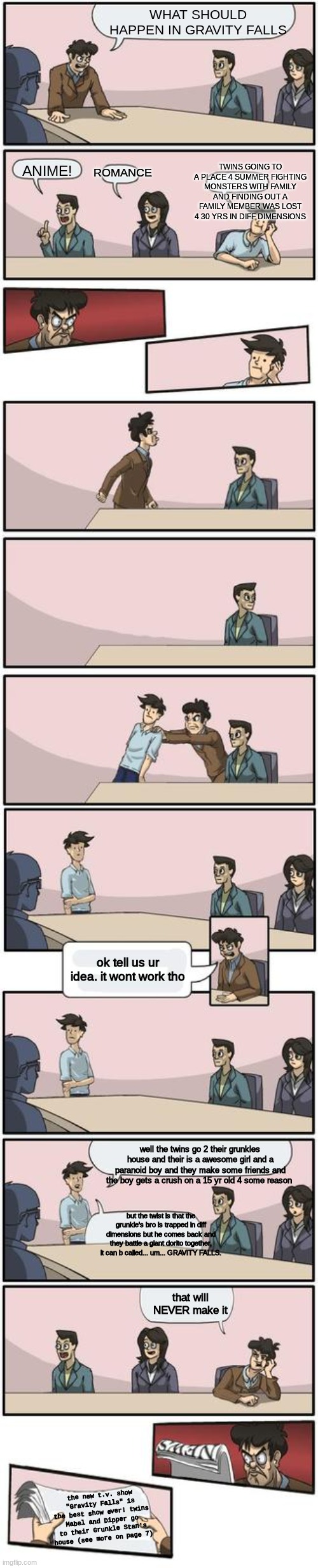 Boardroom Meeting Suggestion Extended Version | WHAT SHOULD HAPPEN IN GRAVITY FALLS ANIME! ROMANCE TWINS GOING TO A PLACE 4 SUMMER FIGHTING MONSTERS WITH FAMILY AND FINDING OUT A FAMILY ME | image tagged in boardroom meeting suggestion extended version | made w/ Imgflip meme maker