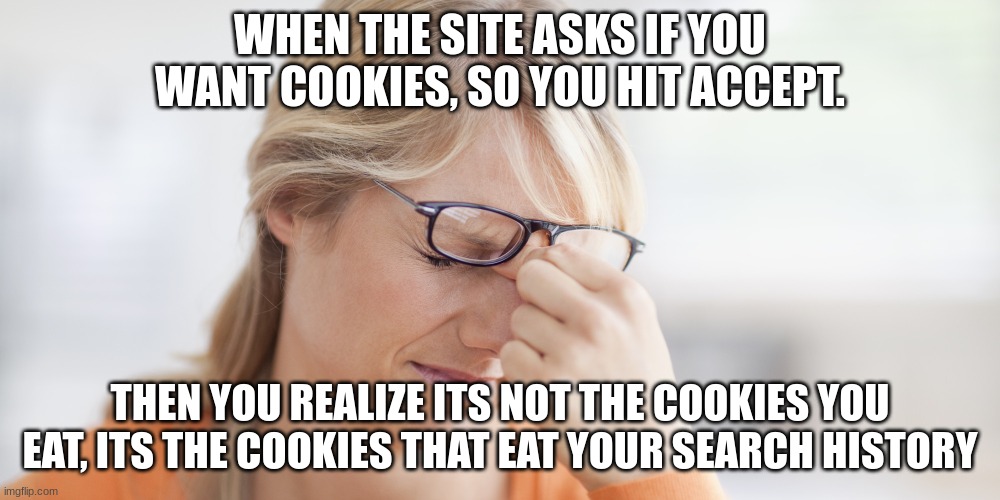 mad | WHEN THE SITE ASKS IF YOU WANT COOKIES, SO YOU HIT ACCEPT. THEN YOU REALIZE ITS NOT THE COOKIES YOU EAT, ITS THE COOKIES THAT EAT YOUR SEARCH HISTORY | image tagged in annoyed | made w/ Imgflip meme maker