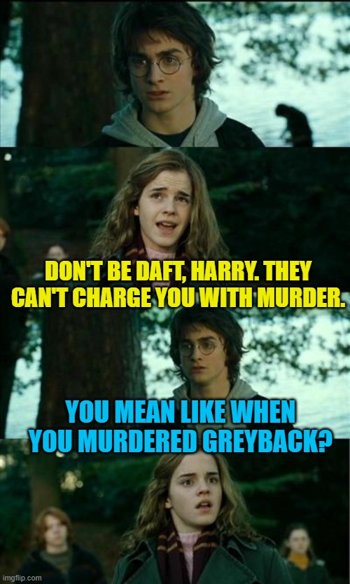 Horny Harry Meme | DON'T BE DAFT, HARRY. THEY CAN'T CHARGE YOU WITH MURDER. YOU MEAN LIKE WHEN YOU MURDERED GREYBACK? | image tagged in memes,horny harry | made w/ Imgflip meme maker