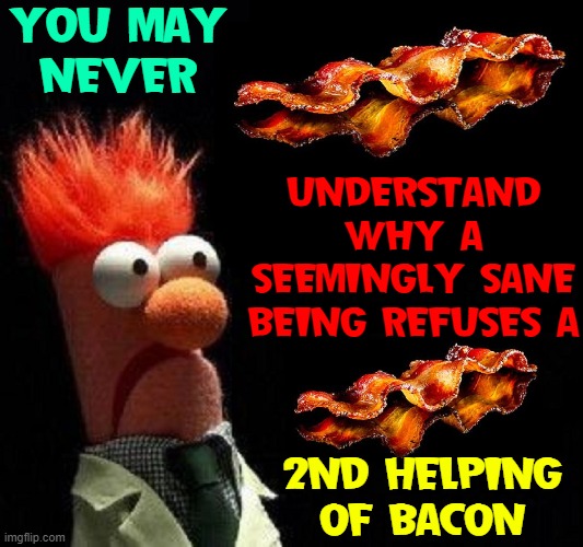 Unsolved Mysteries of Nature |  YOU MAY
NEVER; UNDERSTAND WHY A SEEMINGLY SANE BEING REFUSES A; 2ND HELPING
OF BACON | image tagged in vince vance,bacon memes,i love bacon,second helping,unsolved mysteries,mother nature | made w/ Imgflip meme maker