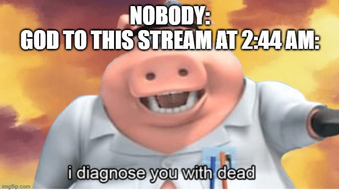 I diagnose you with dead | NOBODY:
GOD TO THIS STREAM AT 2:44 AM: | image tagged in i diagnose you with dead | made w/ Imgflip meme maker