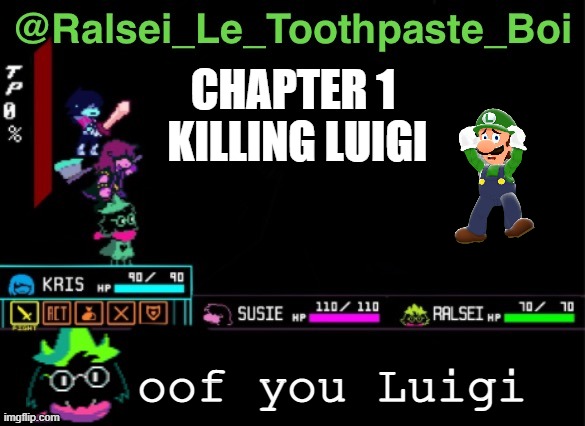 Ralsei_Le_Toothpaste_Boi Announcement Template | CHAPTER 1 
KILLING LUIGI; oof you Luigi | image tagged in ralsei_le_toothpaste_boi announcement template | made w/ Imgflip meme maker