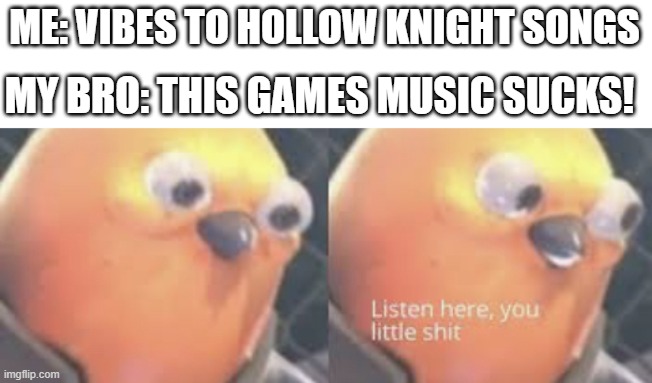 Resting grounds is the best | ME: VIBES TO HOLLOW KNIGHT SONGS; MY BRO: THIS GAMES MUSIC SUCKS! | image tagged in listen here you little shit bird | made w/ Imgflip meme maker