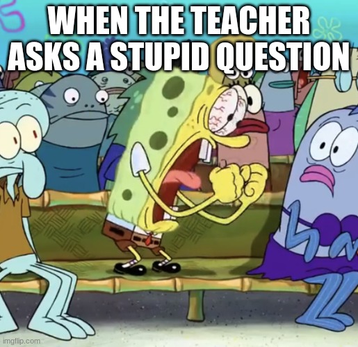 Spongebob Yelling | WHEN THE TEACHER ASKS A STUPID QUESTION | image tagged in spongebob yelling | made w/ Imgflip meme maker