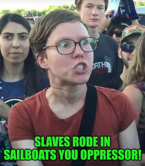 super_triggered | SLAVES RODE IN SAILBOATS YOU OPPRESSOR! | image tagged in super_triggered | made w/ Imgflip meme maker