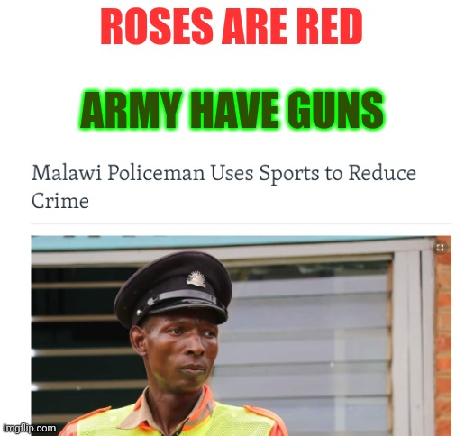 What a smart guy | ROSES ARE RED; ARMY HAVE GUNS | image tagged in blank white template,news,malawi | made w/ Imgflip meme maker