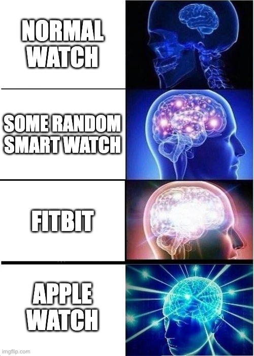 but like the watches matter | NORMAL WATCH; SOME RANDOM SMART WATCH; FITBIT; APPLE WATCH | image tagged in memes,expanding brain | made w/ Imgflip meme maker
