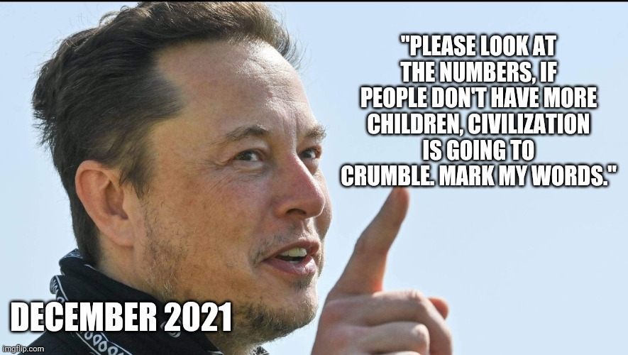 Mark his words | "PLEASE LOOK AT THE NUMBERS, IF PEOPLE DON'T HAVE MORE CHILDREN, CIVILIZATION IS GOING TO CRUMBLE. MARK MY WORDS."; DECEMBER 2021 | image tagged in elon musk | made w/ Imgflip meme maker