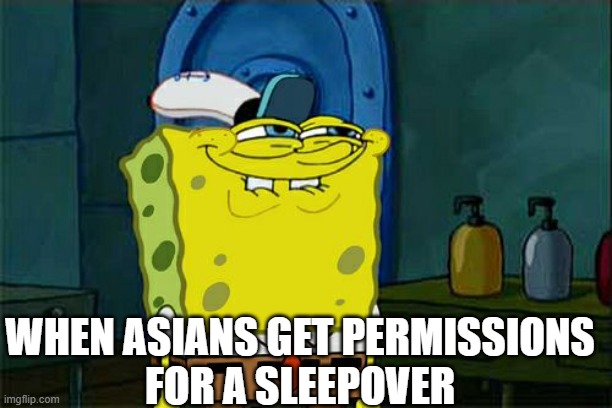 sleepover yay! | WHEN ASIANS GET PERMISSIONS
FOR A SLEEPOVER | image tagged in memes,don't you squidward | made w/ Imgflip meme maker