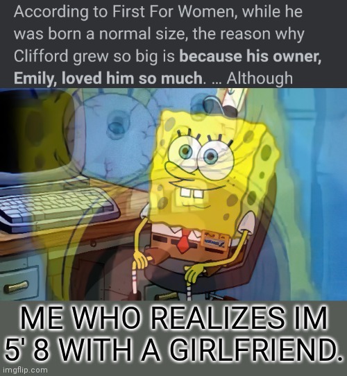 Big oofy | ME WHO REALIZES IM 5' 8 WITH A GIRLFRIEND. | image tagged in rejected,spongebob,girlfriend | made w/ Imgflip meme maker