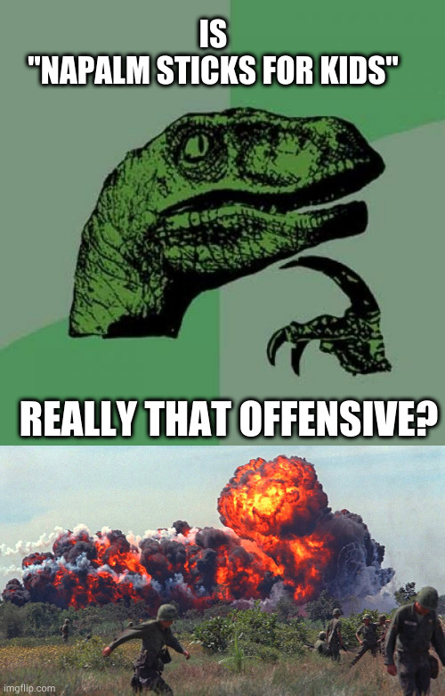 IS 
"NAPALM STICKS FOR KIDS"; REALLY THAT OFFENSIVE? | image tagged in memes,philosoraptor,napalm | made w/ Imgflip meme maker