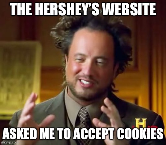 Chocolate CHIIPPPPPYYYYYY | THE HERSHEY’S WEBSITE; ASKED ME TO ACCEPT COOKIES | image tagged in memes,ancient aliens | made w/ Imgflip meme maker