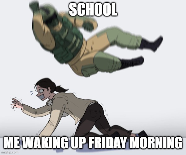 soldier attack | SCHOOL ME WAKING UP FRIDAY MORNING | image tagged in soldier attack | made w/ Imgflip meme maker