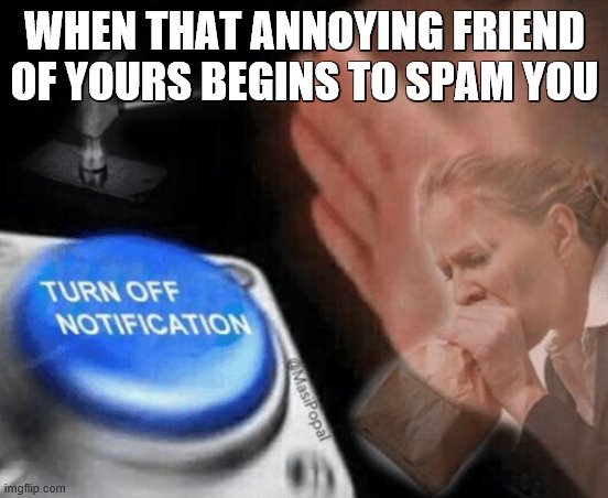 We all have that one friend... | WHEN THAT ANNOYING FRIEND OF YOURS BEGINS TO SPAM YOU | image tagged in turn off notification | made w/ Imgflip meme maker