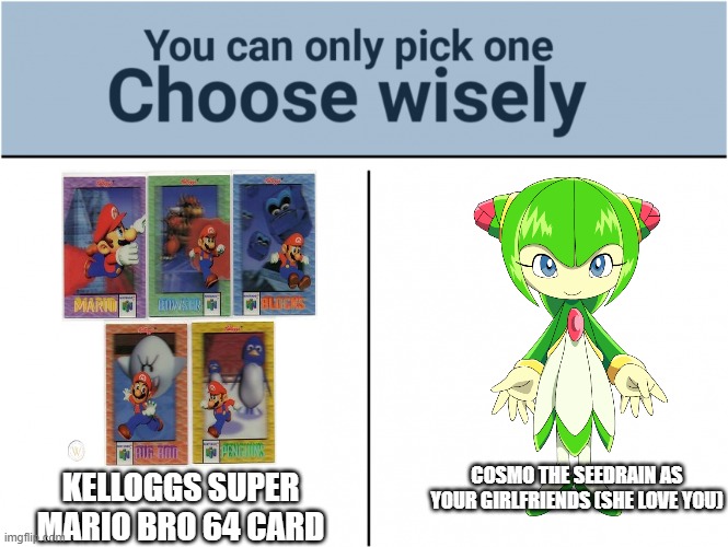 choose wisely my friends | KELLOGGS SUPER MARIO BRO 64 CARD; COSMO THE SEEDRAIN AS YOUR GIRLFRIENDS (SHE LOVE YOU) | image tagged in you can pick only one choose wisely | made w/ Imgflip meme maker