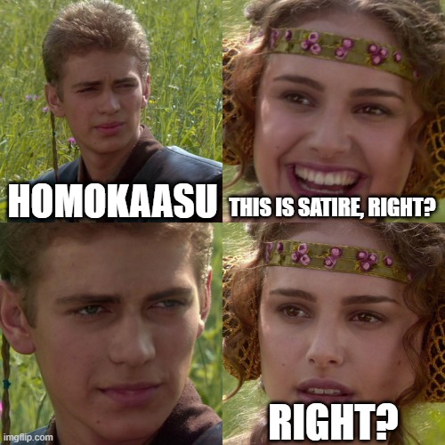 Anakin Padme 4 Panel | HOMOKAASU; THIS IS SATIRE, RIGHT? RIGHT? | image tagged in anakin padme 4 panel | made w/ Imgflip meme maker