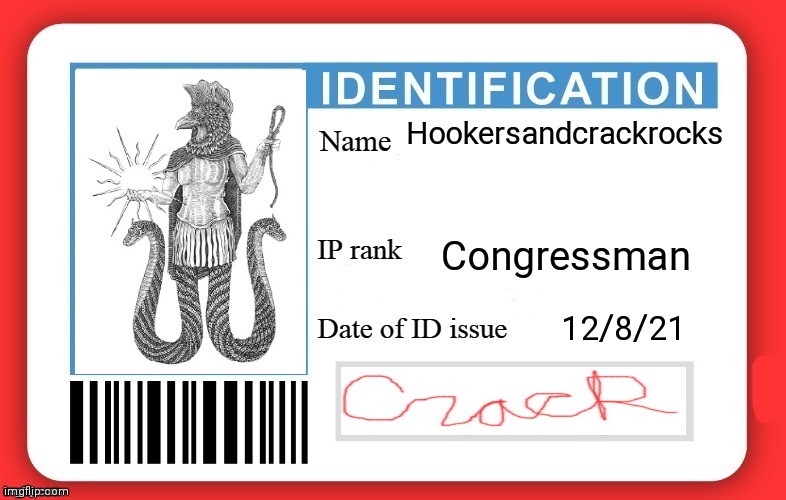 Hookersandcrackrocks ID | Hookersandcrackrocks; Congressman; 12/8/21 | image tagged in dmv id card | made w/ Imgflip meme maker